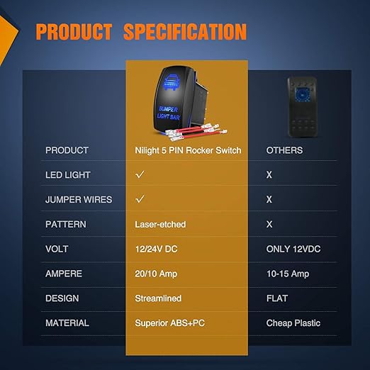 Nilight 90004B Bumper Light Bar Rocker Switch Led Light Bar 5 Pin Laser On/Off Switch 20A/12V 10A/24V Switch Jumper Wires Set