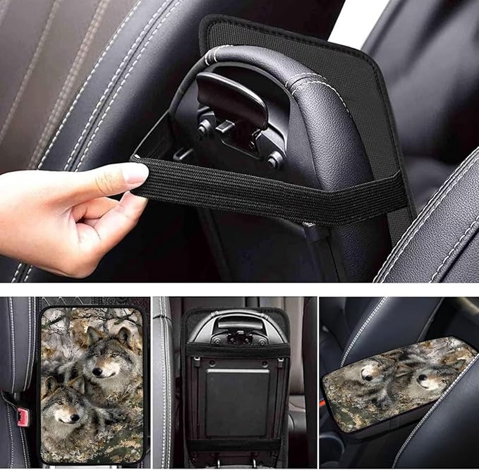 Wolf Print Car Center Console Armrest Cover Camo Hunting Print Armrest Box Cover Center Console Pad Neoprene Car Decor Accessories for Women Men, Easy to Install