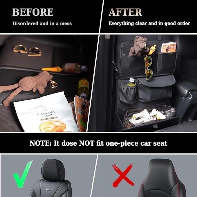 Coverado Backseat Car Organizer, Nappa Leather Car Seat Organizer with Touch Screen Tablet Holder, Foldable Food Tray, Kick Mats Protector, Multi Car Storage Accessories, Garbage Bag Holder-1 Pack