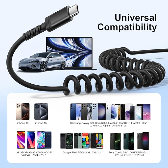 Car Charger Fast Charging 2 Pack, 38W USBC Power Cigarette Lighter Car Charger, Multi Port PD/QC 3.0 Cargador para Carro with 6FT Coiled Type C Charging Cable for Phone iPhone 16/15 Pro, Carplay