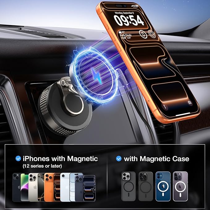 Vooii for Magsafe Car Mount Charger (15W Wireless Faster Charging) (130+LB Strongest Suction & 3000gf Magnetic) (360° Adjustable) Vacuum Car Phone Holder, Phone Holders for Your Car for iPhone 17-12