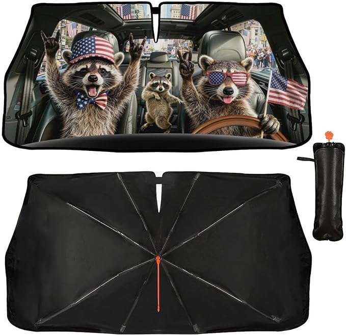 Socira Funny Rocking Raccoon Car Windshield Sun Shade Umbrella Foldable Rock Racoons Sunshade for Front Window Auto Windshield Sunshade Covers Car Accessories Gifts for Men Protect from Sun Rays Heat