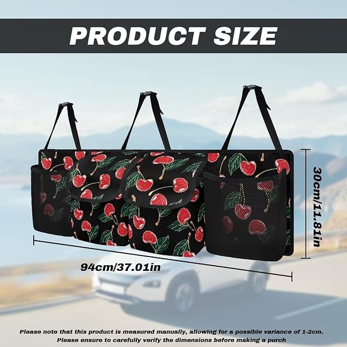 Cherry Car Trunk Organizers, 37.1" x 11.8" Backseat Hanging Organizer with 4 Storage Bag, Waterproof Car Organizer with Adjustable Strap, Car Interior Accessories