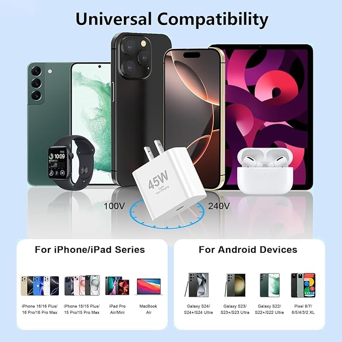 10ft iPhone 17 16 15 Charger, 2Pack 45W USB C Fast Charging Block and Long Type C to C Cable Cord,Wall Plug Adapter Cube Brick for Apple iPhone 17 Pro Max/17 Air/16e/16 Pro/15 Plus/iPad,Samsung Galaxy