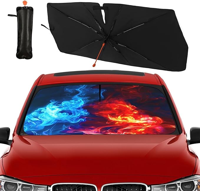 Socira Red Fire Blue Ice Car Windshield Sun Shade Umbrella Foldable Sunshade for Front Window Auto Windshield Sunshade Covers Car Accessories Protect from Sun Rays Heat 57'' X 30''