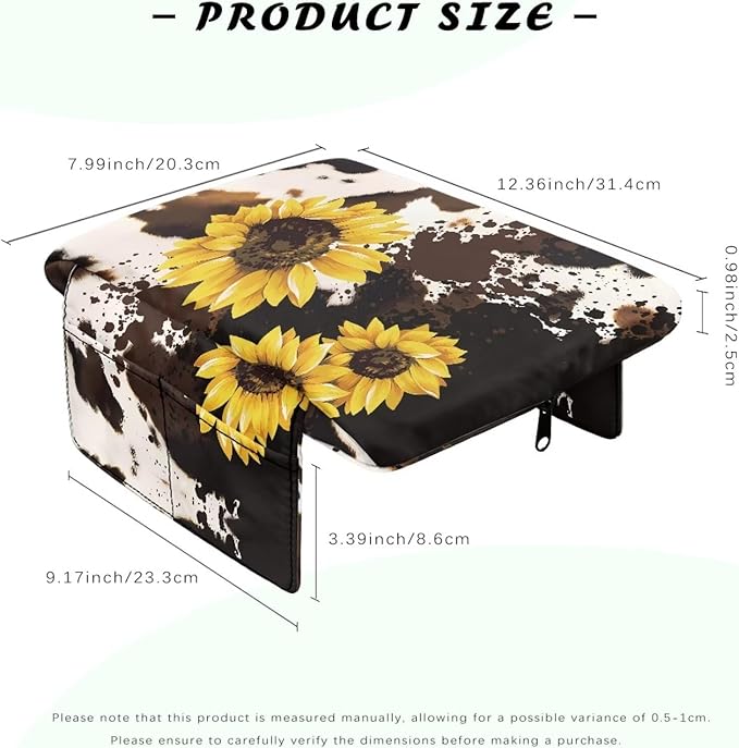Dreaweet Brown Cow Print Center Console Cover Pad Cute Sunflower Car Accessories for Women Arm Rest Cover with Pockets for Car SUV Truck Non Slip Scratch Proof Thick Car Armrest Cushion