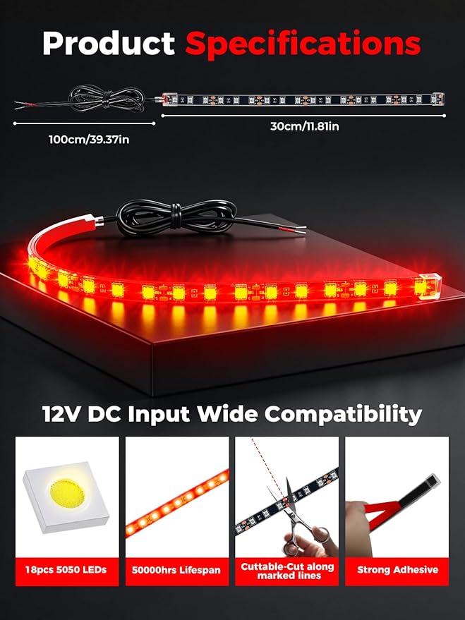 LED Strip Lights 12V Cuttable IP68 Waterproof 12 Inch Interior Exterior Underbody Light for Car SUV Truck Motorcycle Boat Golf Cart 18 SMD 5050 Red 4 Pack