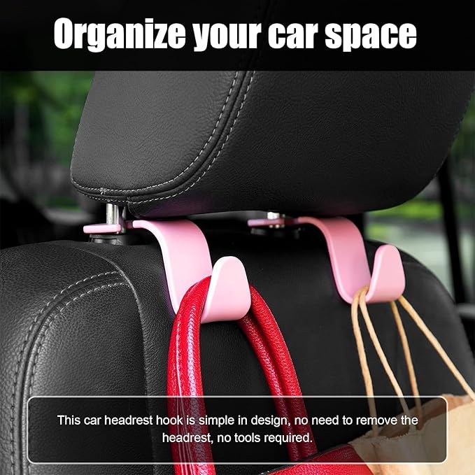 Ziciner 4 PCS Car Seat Headrest Hooks, Backseat Hangers Storage Organizer, Universal Car Accessories for Purse Grocery Bags Coats (Pink)