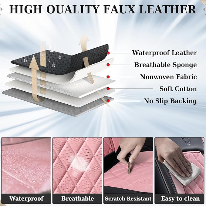 Coverado Leather Seat Covers, Car Seat Cover Front Seats, Waterproof Seat Covers, Luxury Faux Leather Car Seat Protectors, Black and Pink Car Seat Cover Universal Fit for Most Cars