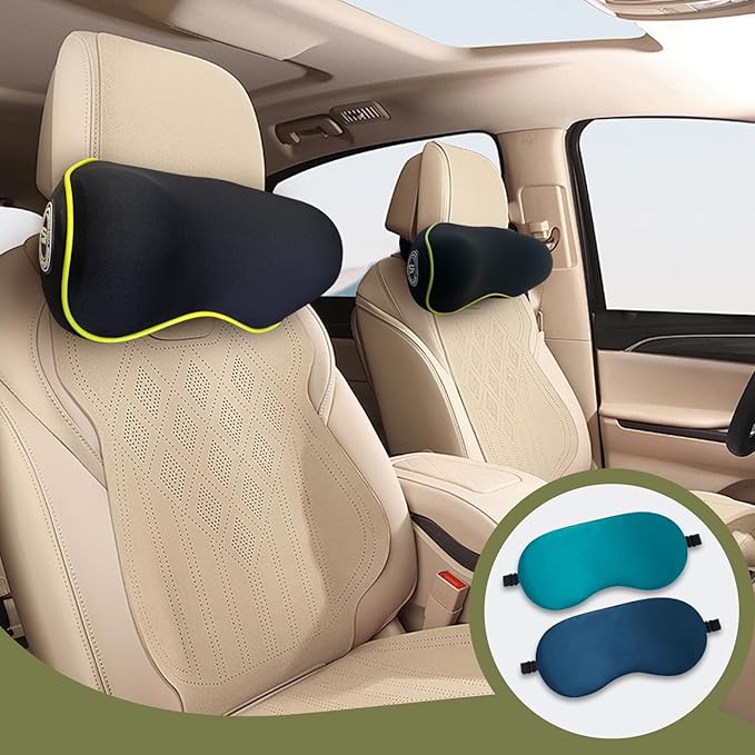 SPRFUFLY Really Chic Car Headrest Pillow, Car Pillow for Driving with Adjustable Strap, 100% Memory Foam Neck Pillow, Ergonomic Design - 2 Pack Car Neck Pillow(Includes 2 Eye Masks, Yellow Side Rope)