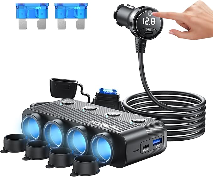 Cigarette Lighter Splitter Adapter, 216W 4 Socket Car Heavy Duty Truck Cigarette Lighter Plug Multi Port with PD30W/QC3.0 Charge USB C 12V/24V Car Plug Outlet Splitter with Independent Switches
