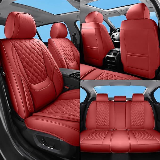 Car Seat Covers Full Set Red, Luxury Faux Leather Waterproof Non-Slip Women Seat Protector Universal Fit for Most Cars SUVs Trucks Pick-ups,Car Interior Accessories (Red-Full Set)