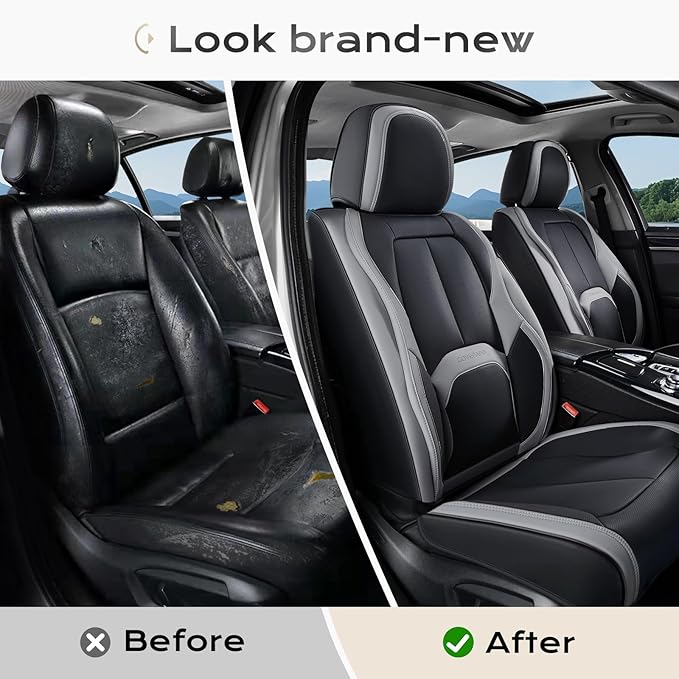 Coverado Car Seat Covers, Leather Seat Covers Full Set, Waterproof Car Seat Protector with Lumbar Support, Automotive Seat Covers Seat Cushions Universal Fit for Most Cars SUV Trucks, (Black&Beige)
