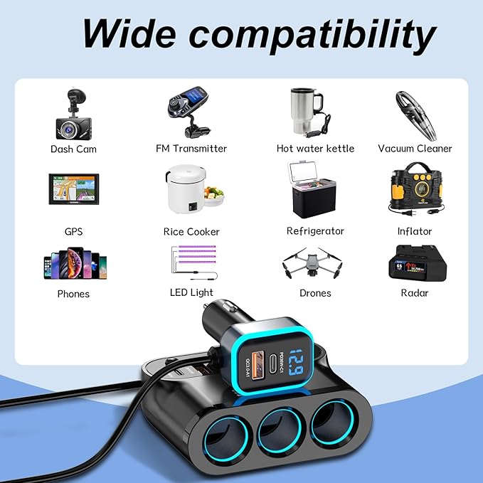 Cigarette Lighter Splitter Adapter 360W: Car 12v Splitter 3 Socket Car Charger Extension Triple USB C 36W and QC3.0 18W Ports 12 Volt Power Outlet DC with Button Switch LED Voltmeter 15A Fuse