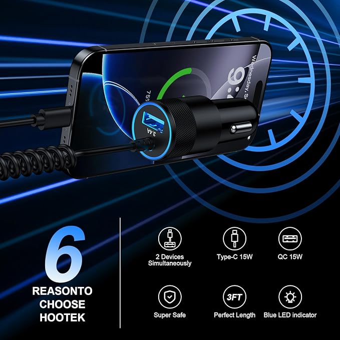 Samsung A17 Type C Fast Car Charger with 3ft USB C Coiled Cable for Galaxy S26/S25 Ultra/A16/A56/A15/A55/A35/A54/A14/A13 5G/Z Fold7/Pixel 10a/10/9 Pro/iPhone 17, 3.4A Android Car Phone Charger Adapter