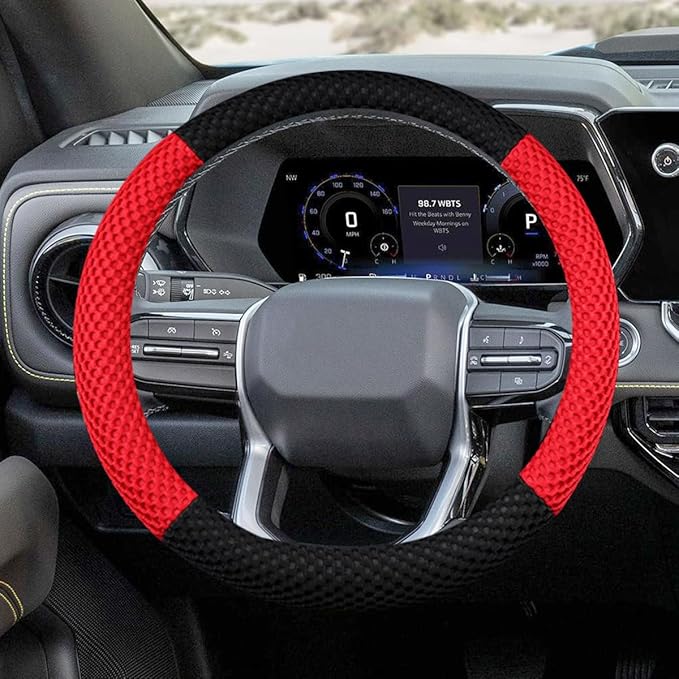 Car Steering Wheel Cover, 15" Breathable Soft Vehicle Steering Wheel Protector with Anti-Slip Lining, Automobile Interior Decoration Accessories, Universal for Sedan Truck SUV (Black/Red)