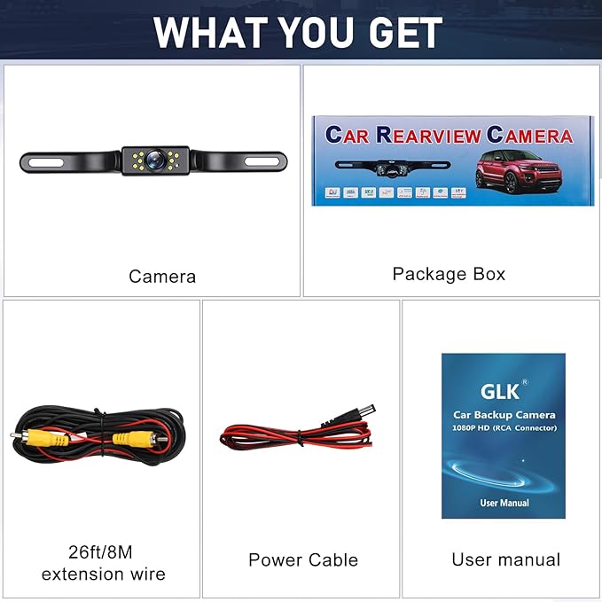 GLK Backup Camera, AHD 1080P Rear View License Plate Camera, Night Vision Reverse Camera with 9 LEDs, Wide Angle IP69K Waterproof Rear Camera for 12-24V Car Vehicle SUV RV