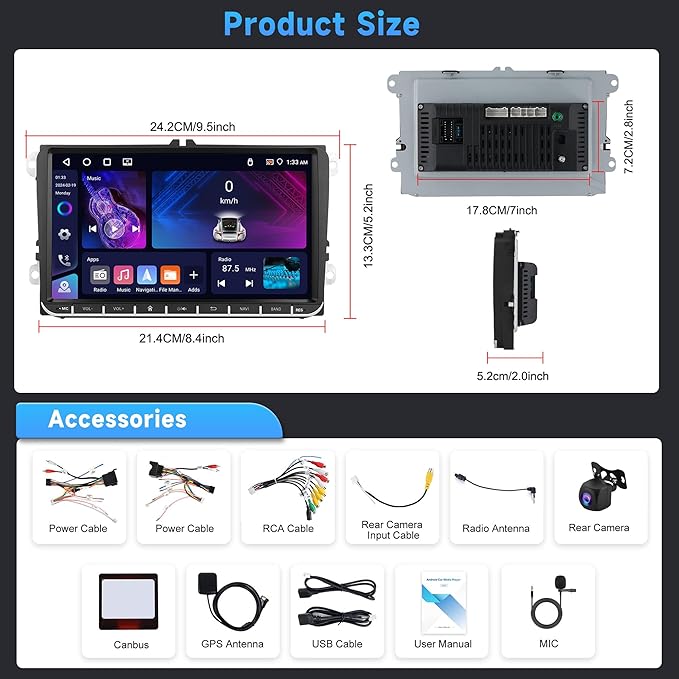 4G 64G Android Car Stereo for VW Passat Jetta Tiguan Golf MK5 MK6 T5 EOS Polo Touran Seat Sharan Carplay Android Auto Radio, 9'' Touchscreen Bluetooth Mirror Link WiFi GPS FM/RDS DSP Backup Camera