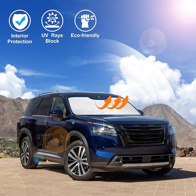 Windshield Sun Shade Custom Fit for 2022 2023 2024 2025 2026 Nissan Pathfinder Accessories Foldable Sunshade Sun Blocker Protect Car from Sun Rays & Heat Damage Keep Car Cooler