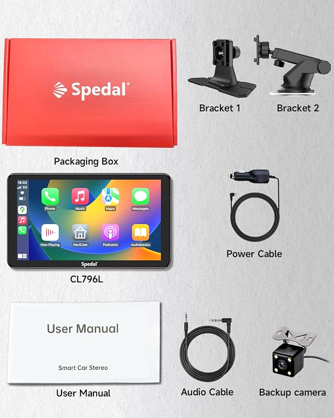 Spedal Car Play with Backup Camera, Portable CarPlay and Android Auto 7" CarPlay Screen for Car, Mirror Link/Bluetooth/Navigation/Voice Control