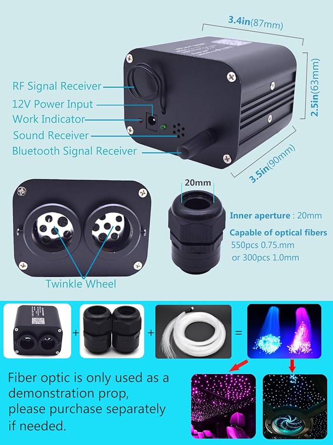 Twinkle 20W Dual Port Colour Blocking Bluetooth APP Control Music Sync Fiber Optic Light Source RGBW Light Box Engine Diver for Car Starlight Headliner Home Indoor Star Ceiling Decoration