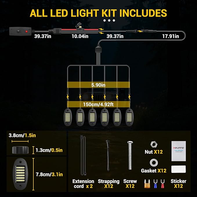 Hovano 6 Pods White Rock Light Kit with Wired Switch - 6500K Pure White LED Underglow, IP68 Waterproof, Super Bright 36 LEDs for Trailer Off Road SUV UTV ATV RZR Car