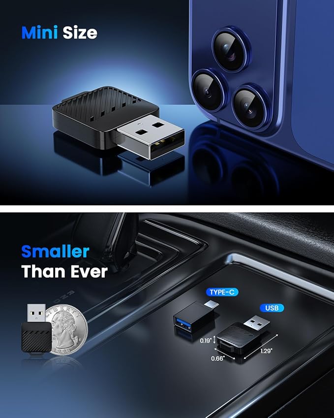 Wireless CarPlay Adapter for iPhone & Android Auto, No Delay, Fast & Stable Connection, Plug & Play, Converts Wired to Wireless Carplay Dongle for iOS 10 Android 11 and Above, USB-A/Type-C Port