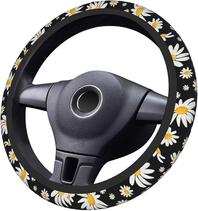 Cute Daisy Flowers Universal 15 Inch Steering Wheel Covers Non Slip Neoprene Car Wrap Cover for Adults