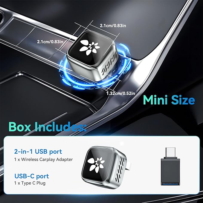 2-in-1 Mini CarPlay Adapter for iPhone & Android, Auto Stable Connection with Zero Latency with USB-A/USB-C Ports