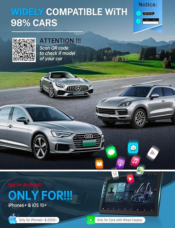 Aimoon 2026 Upgraded Wireless CarPlay Adapter for iPhone๏ผAndroid, Car Play Mini Wired to Wireless Adapter for CarPlay ๏ผAndroid Auto Plug and Play Stable Connection & No Latency for iPhone iOS 10+