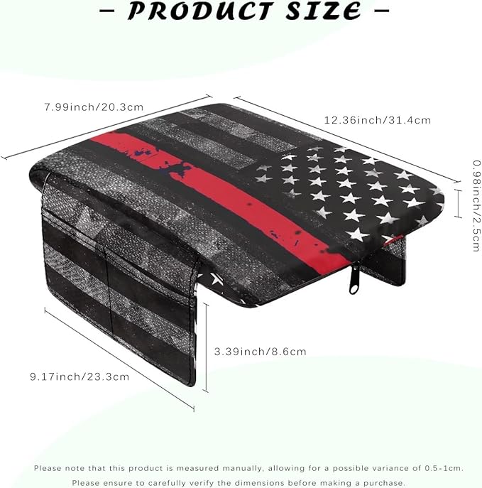 Tupalatus Firefighter Flag Car Center Console Cover Non-Slip Armrest Cushion Cover Pad Easy Installation Car Armrest Seat Box Covers with Storage Pockets for Cars Trucks and SUVs