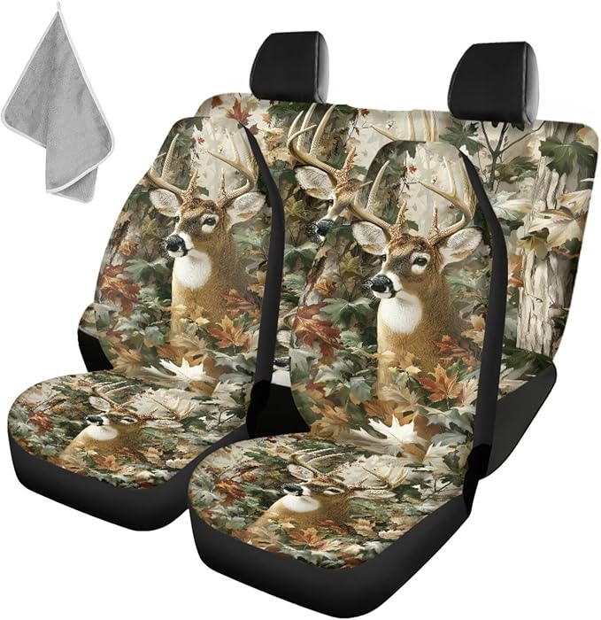 KEIAHUAN Camo Hunting Deer Car Front Back Seat Covers Front Bucket Seat Cover & Rear Bench Seat Protector Anti-Slip High Back Automotive Seat Covers Fit Most Vehicle Truck,SUV