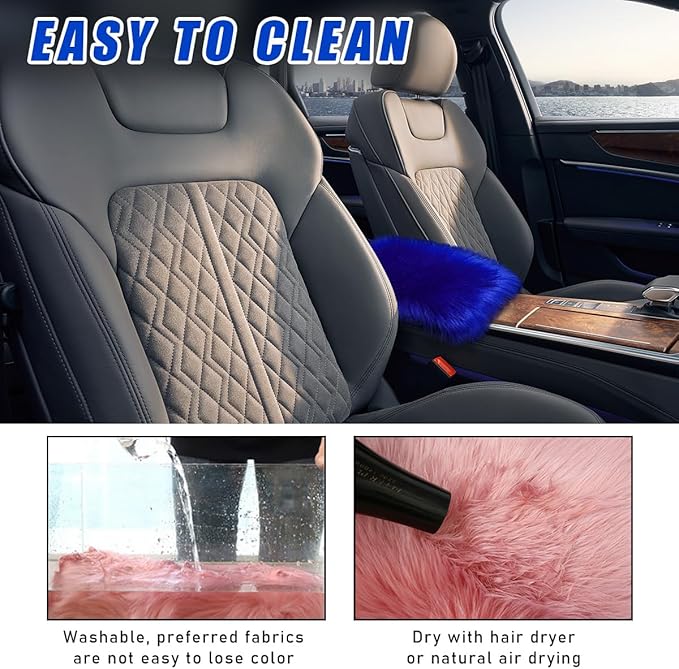 Furry Car Center Console Cover, 11.8"×7.9" Sheepskin Wool Armrest Box Cushion Pad, Comfort Soft Auto Center Console Protector, Interior Decor Accessories for Most Vehicles (Royal Blue)
