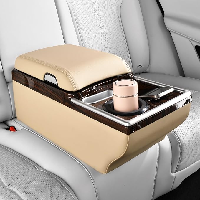 Coverado Center Console, Universal Bench Seat Center Console, Truck Back Seat Car Organizer with Cup Holder, Rear Central Car Armrest Box with Storage, Beige