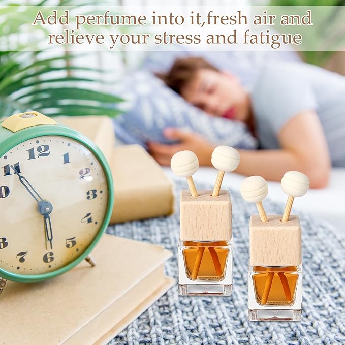 Zubebe 100 Pcs Car Diffuser Bottles Empty Bulk Vent Clip Car Air Freshener Diffuser for Essential Oil Perfume Glass Bottle with Wooden Caps Stick Fragrance Ornament (Colorless)