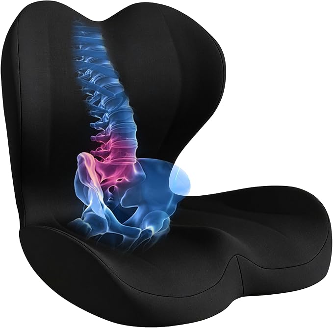 Seat Cushion for Office Chair and Car, Lumbar Support Pillow for Office Chair, Memory Foam Ergonomic Seat Cushion for Long Sitting, Back & Tailbone Pain, Sciatica - Black
