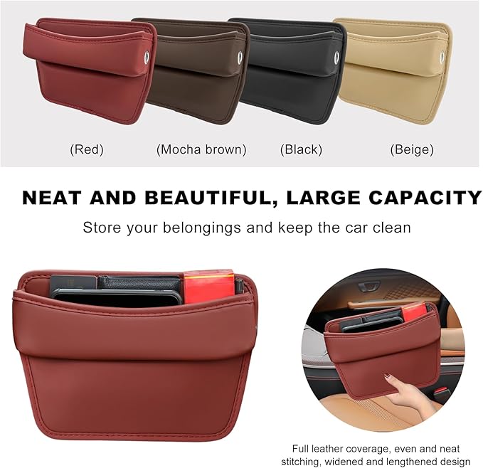 DXNQ Large Capacity Car Seat Gap Filler Organizer, Leather Car Front Seat Slot Storage Box Keeps Car Tidy, Portable Car Seat Gap Filler with 2 Charge Holes for Phones Glasses Keys Cards (Red)