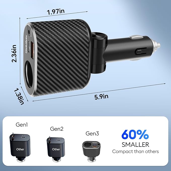 180W Retractable Car Charger Cigarette Lighter Splitter, Fast Charging Socket with Replaceable Fuse, Dual Cables for Type-c&Lightning Cord Fits for Dash Cam/Laptop/iPad/iPhone/Galaxy