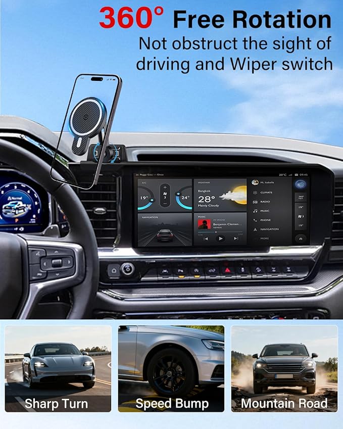 PZK Car Phone Holder for Chevy Silverado 1500/GMC Sierra 1500 2022 2023 2024 2025 2026 Accessories 13.4-Inch Screen Magnetic 15W Fast Wireless Charger Car Phone Mount with 360° Rotating Extension Rod