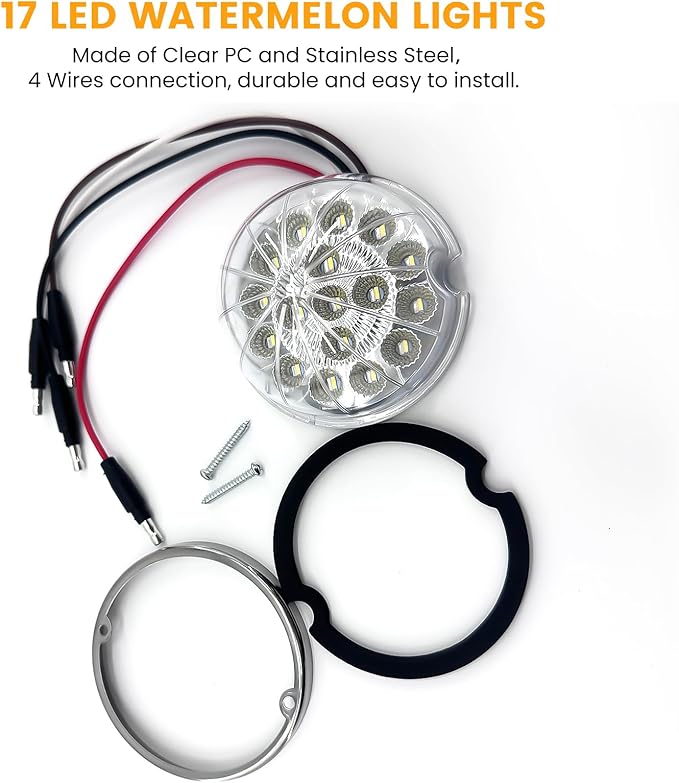 2PCS 17 LED Dual Revolution Amber Turn Signal & White Auxiliary Watermelon Lights, Clear Lens with Stainless Steel Bezel, Compatible with Freightliner, Ke-nw-or-th, Peterbilt & Heavy Trucks