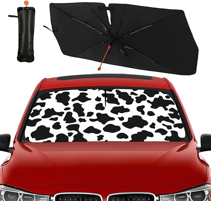 Socira Cow Print Windshield Sun Shade Umbrella Foldable Cow Sunshade for Front Window Auto Windshield Sunshade Covers Car Accessories Protect from Sun Rays Heat 57'' X 30''