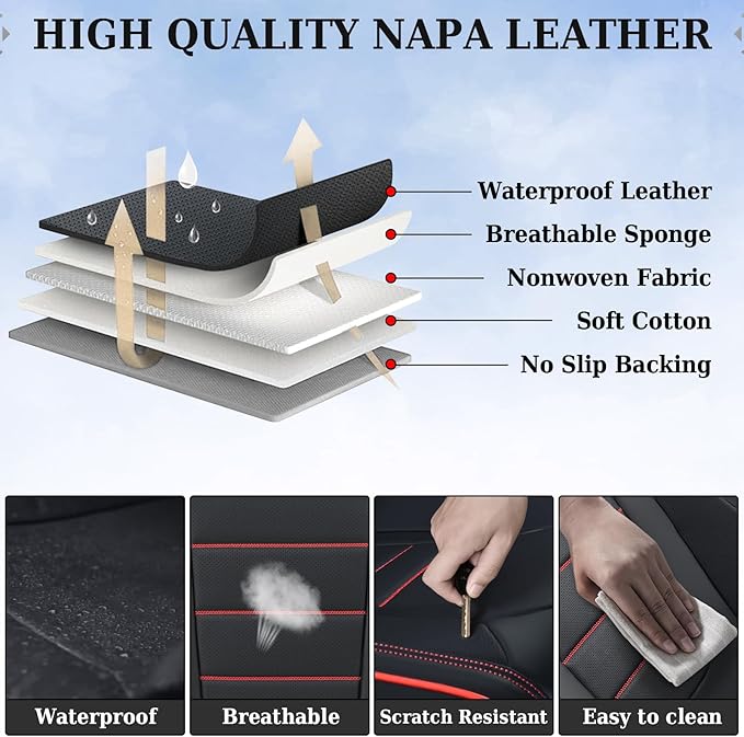 Coverado Seat Covers Full Set, Seat Covers for Cars, Car Seat Cover, Car Seat Protector, Nappa Leather Car Seat Cushion, Waterproof Car Seat Covers Front Seats and Back Fit for Most Cars (Redline)
