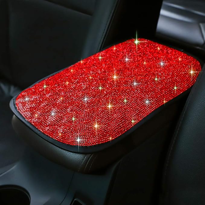 OTOSTAR Bling Bling Car Armrest Cover Luster Crystal Car Center Console Cover Protector Universal Auto Arm Rest Cushion Pads Car Interior Decor Accessories (Red)