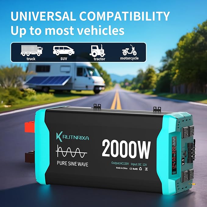 2000W Pure Sine Wave Inverter Peak 4000w 12V DC to 120V AC for RV, Truck, Off-Grid, Home, Solar Car Power Inverter with Dual AC Hardwire Port, 50A Socket, 5V 2.1A USB