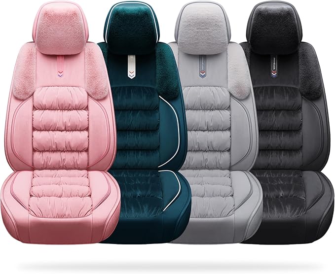 AOOG Fuzzy Car Seat Covers, Heated Bench Back Cushion Protector for Cars SUV Trucks(Full Set,Pink)