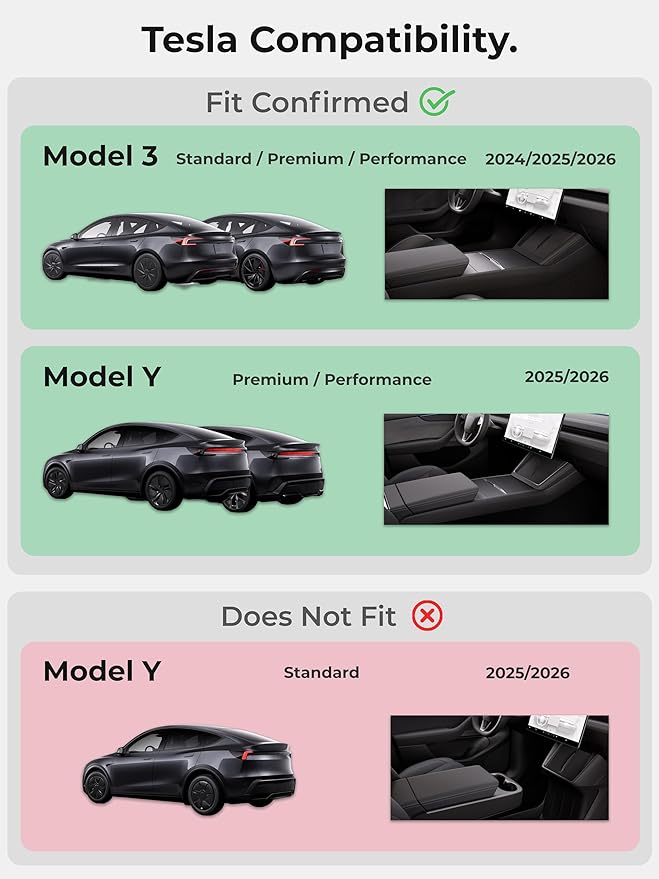 Center Console Organizer Set for Tesla Model Y Juniper (Premium & Performance 2025/26) and Model 3 Highland (All Trims 2024/25/26) – 4PCS Tesla Interior Accessories – Black