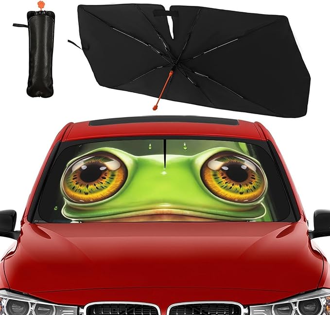 Socira Funny Frog Car Windshield Sunshade Umbrella Foldable Frog Eye Umbrella Sun Shade Windshield Cover Sunshade Frog Car Accessories Blocks Uv Rays Keeps Cool (57" X 30")