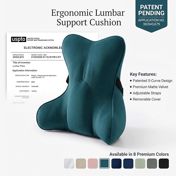 Lumbar Support Pillow (Pat. Pend) for Car Seat, Office Chair, Couch & Recliner, Ergonomic Back Support for Chair, Lower Back Pain Relief, with Adjustable Strap to Stay in Place, Slate Blue