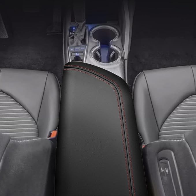 AOMSAZTO Armrest Covers for 2024 2023 2022 2021 2020 2019 2018 Toyota Camry Black with Red Stiches,Including L, LE, SE, XLE, XSE in regular, hybrid, V6, TRD.