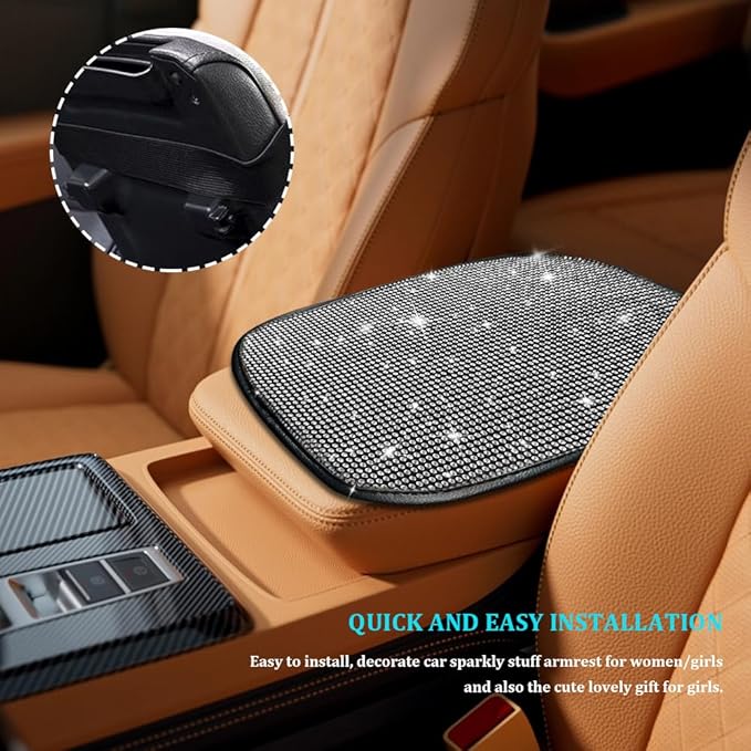 Bling Car Center Console Cover, Car Armrest Cover, Diamond Rhinestone Auto Center Console Cover Protector, Universal Arm Rest Cushion Pads Car Interior Accessories for Vehicles, SUVs (White)